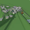 Aerial View Planning of Green Lawn with Curved Path and Wooden Recreational Structure