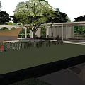 Modern Outdoor Pergola with Green Lawn Trees and Relaxation Seating Area
