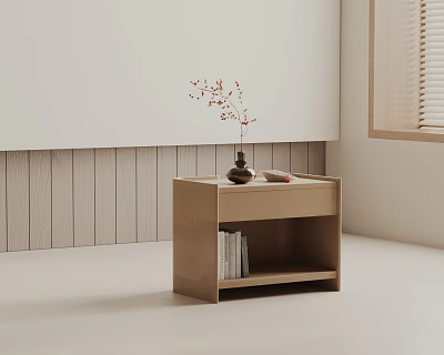 Light Wood Side Table With Storage Shelf Decorative Vase And Books In Minimalist Room 3d model