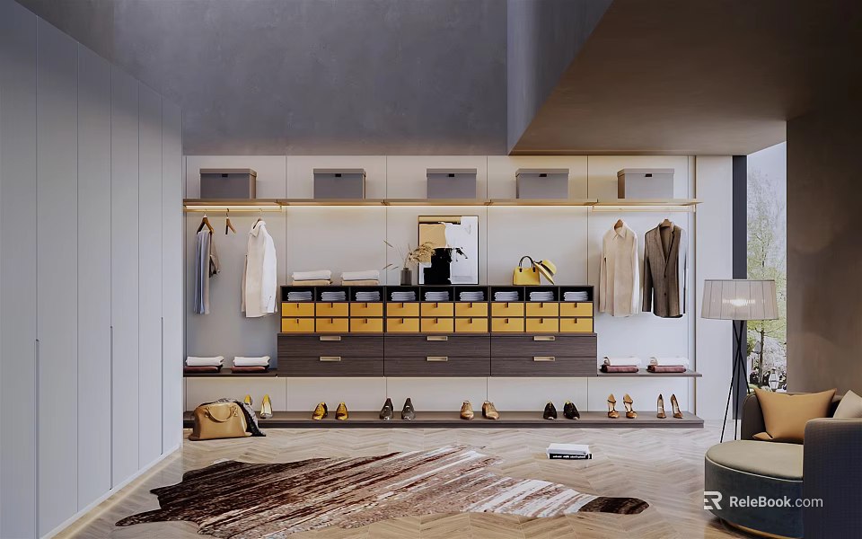 Modern Walk in Closet Interior With Hanging Clothes Yellow Drawers Shoes And Bags 3d model 