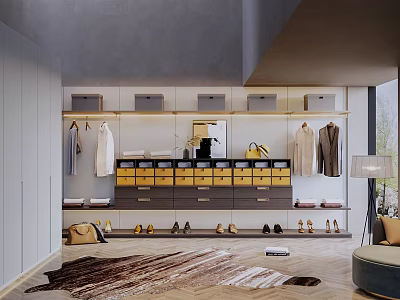 Modern Walk in Closet Interior With Hanging Clothes Yellow Drawers Shoes And Bags 3d model
