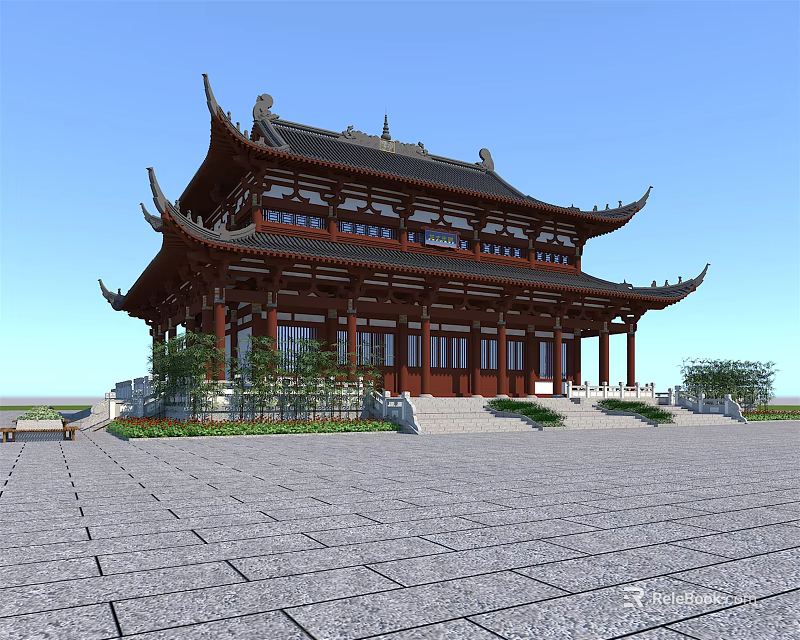 Traditional Chinese Ancient Architecture With Multi Story Ornate Eaves Red Doors And Stone Plaza 3d model 