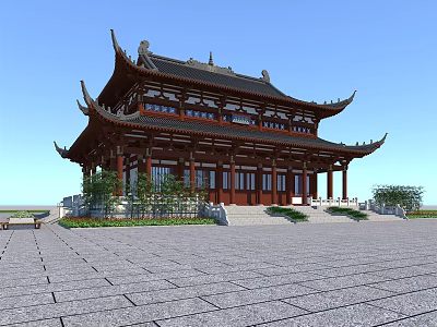 Traditional Chinese Ancient Architecture With Multi Story Ornate Eaves Red Doors And Stone Plaza 3d model