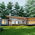 Modern Single Family House With Large Glass Windows Surrounded by Green Trees and Lawn