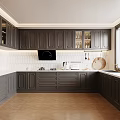 Modern Kitchen Interior Design With Gray Cabinets White Hexagonal Tile Backsplash And Black Range Hood 3d model