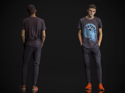 Man In Dark T shirt With Gear Pattern Dark Pants Front Back View Orange Shoes 3d model