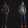 Man In Dark T shirt With Gear Pattern Dark Pants Front Back View Orange Shoes