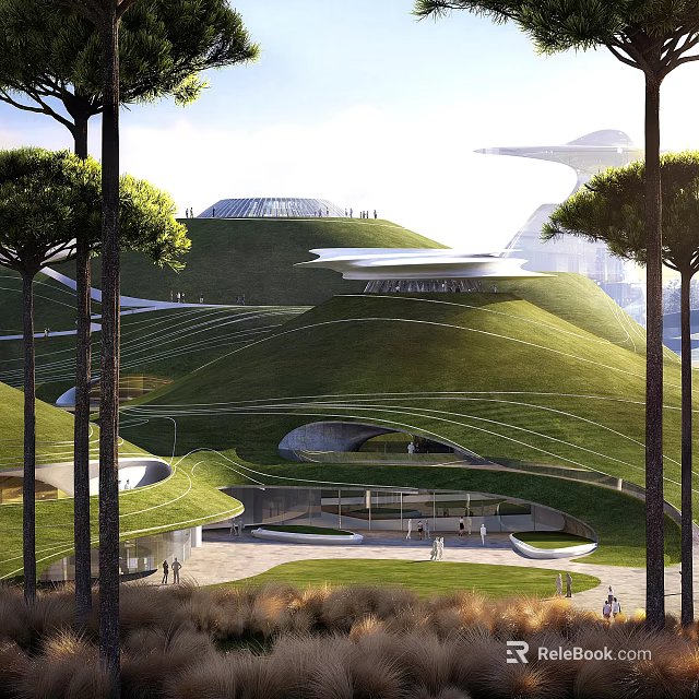 Modern Green Park Landscape With Rolling Grass Hills Curved Paths Trees And Architectural Structures 3d model