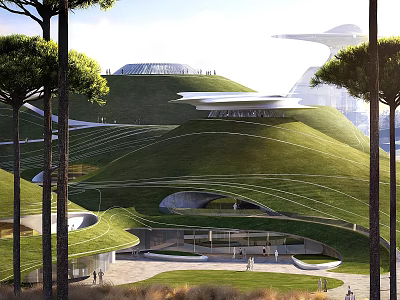 Modern Green Park Landscape With Rolling Grass Hills Curved Paths Trees And Architectural Structures 3d model