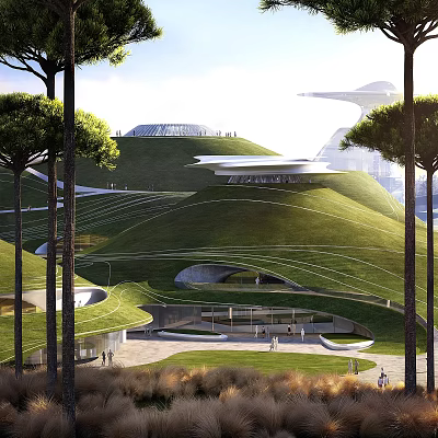 Modern Green Park Landscape With Rolling Grass Hills Curved Paths Trees And Architectural Structures 3d model