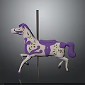 Purple And White Carousel Horse Equipment With Green Leaves Orange Accents On Golden Pole