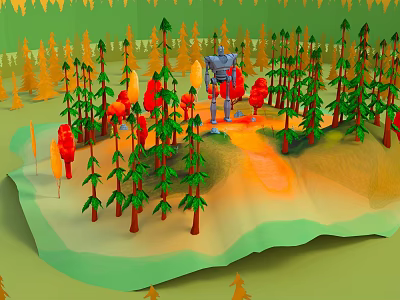 Cartoon Scene With Green And Red Trees Blue Robot In Surrounding Green And Yellow Ground 3d model
