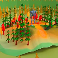 Cartoon Scene With Green And Red Trees Blue Robot In Surrounding Green And Yellow Ground