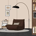 Modern Brown Single Sofa Living Space with Floor Lamp Round Rug Bookshelf and Wall Art