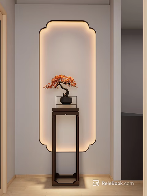 Elegant Decorative Console Table With Bonsai Plant And Backlit Panel In Modern Interior 3d model