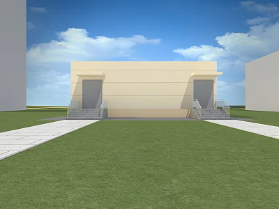 Modern Building Exterior With Lawn Double Door Entrance And Steps Under Blue Sky 3d model