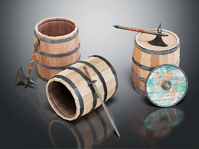 Decorative Ornament Set with Wooden Barrels Axe Sword and Shield 3d model
