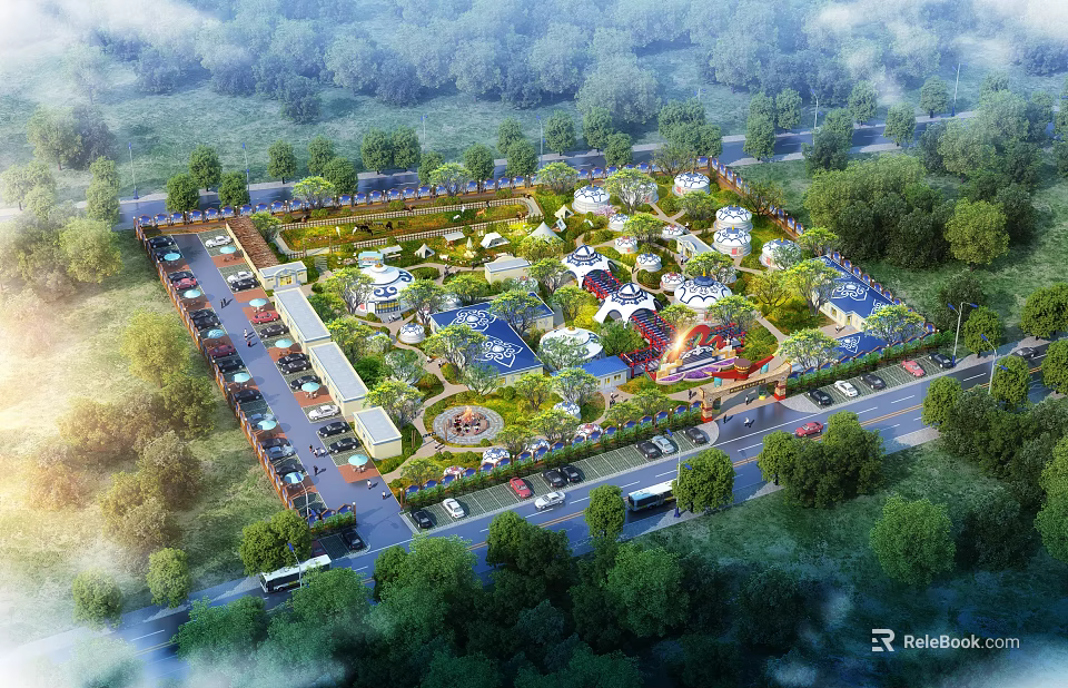Aerial View Of Large Recreational Park With Green Trees Buildings Roads And Parking Lots 3d model 
