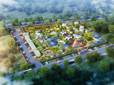 Aerial View Of Large Recreational Park With Green Trees Buildings Roads And Parking Lots 3d model