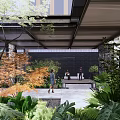 Modern Commercial Landscape Design With Glass Doors Louvered Roof Courtyard Stone Pathway And Lush Greenery