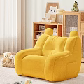Cozy Yellow Abstract Sofa in Living Room with Stuffed Toys Wooden Bookshelf and Table Lamp