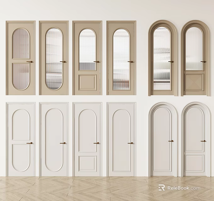 Various Hinged Doors With Glass Panels And Neutral Tones In Arched Rectangular Styles 3d model 