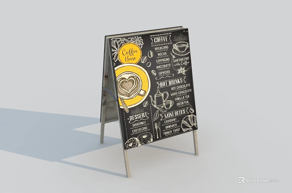 Cafe Menu Billboard with Hand Drawn Coffee Tea Cake Icons on Metal Stand 3d model 