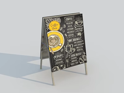 Cafe Menu Billboard with Hand Drawn Coffee Tea Cake Icons on Metal Stand 3d model