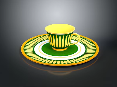 Decorative Yellow Green Patterned Cup With Matching Saucer And White Accents 3d model