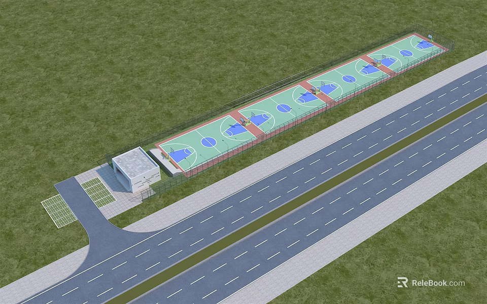 Outdoor Basketball Court Facility With Multiple Courts Green Space And Roads 3d model 
