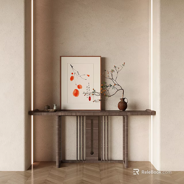 Elegant Console Table with Framed Painting Ceramic Vase and Ambient Lighting on Light Beige Wall 3d model 