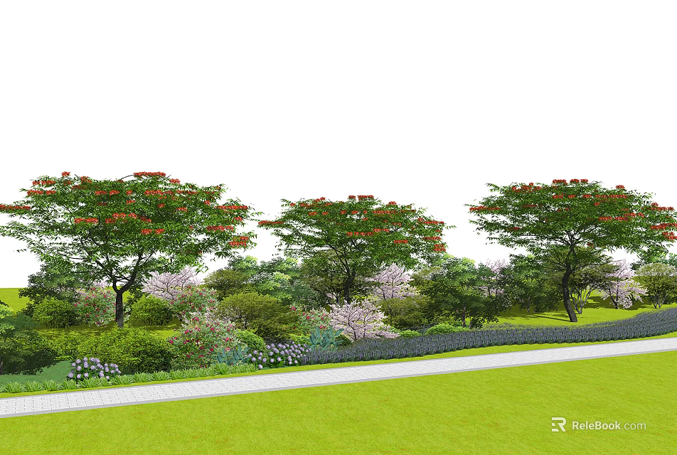 Beautiful Garden Scene with Red Flowering Trees Green Shrubs Purple Flowers and Green Lawn Pathway 3d model 