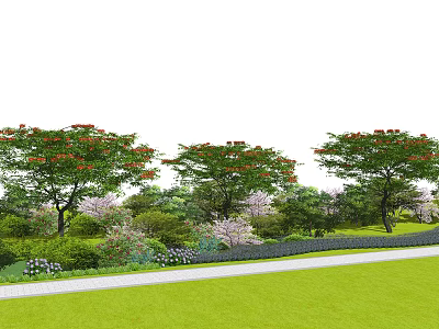 Beautiful Garden Scene with Red Flowering Trees Green Shrubs Purple Flowers and Green Lawn Pathway 3d model