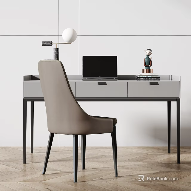Modern Desk with Laptop Table Lamp Small Figurine and Gray Chair 3d model 