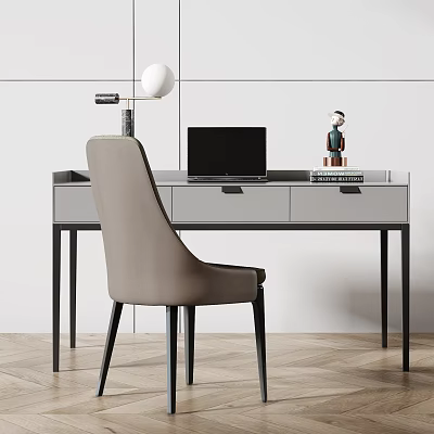 Modern Desk with Laptop Table Lamp Small Figurine and Gray Chair 3d model