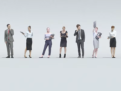 Group of Business Professionals in Formal Attire Holding Documents and Tablets 3d model