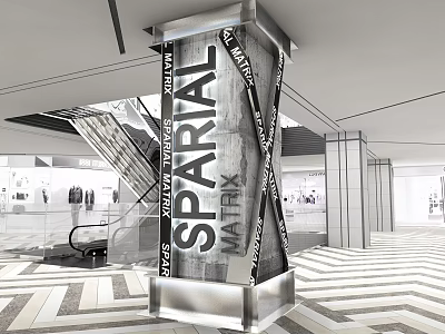 Modern Column With SPARTAL MATRIX Branding In Contemporary Mall Interior Near Staircase And Geometric Floor 3d model