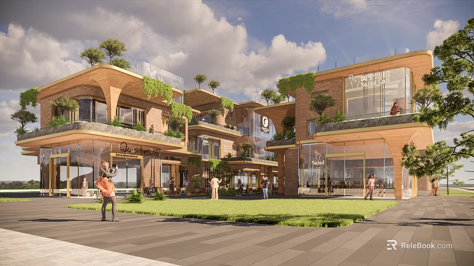 Modern Commercial Street With Multi Storey Buildings Lush Greenery Open Plaza And Pedestrian Walkway 3d model 