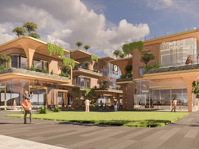 Modern Commercial Street With Multi Storey Buildings Lush Greenery Open Plaza And Pedestrian Walkway 3d model