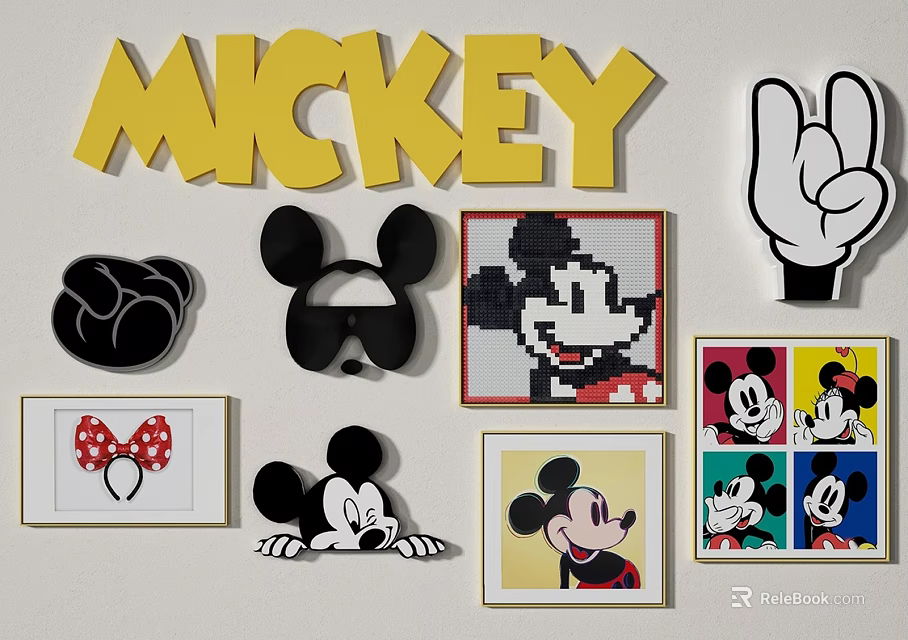 Mickey Mouse Wall Decor With Yellow Letters Pixel Art Gesture And Framed Prints 3d model 