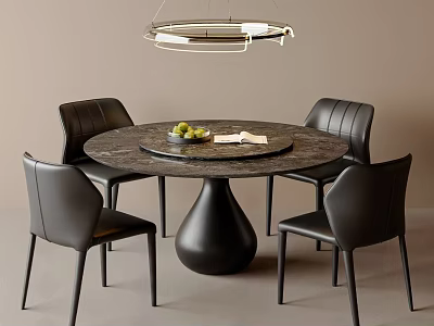 Modern Round Dining Table Set with Black Leather Chairs and Teardrop Shaped Base 3d model