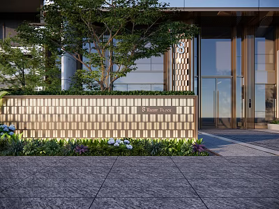Elegant Modern Landscape Wall With Brick Pattern Greenery And Lawn In Front Of Building Entrance 3d model