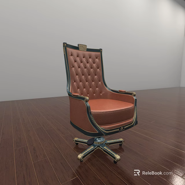 Stylish Brown Leather Office Chair With Tufted Back Armrests And Metal Wheel Base 3d model 