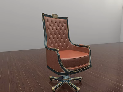 Stylish Brown Leather Office Chair With Tufted Back Armrests And Metal Wheel Base 3d model