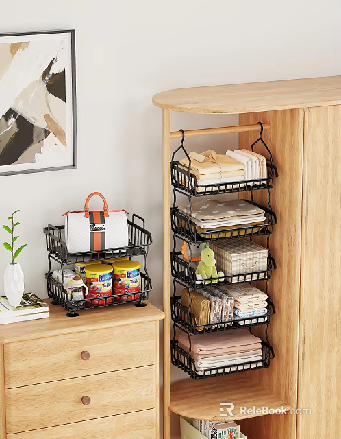 Closet Interior Organization With Multi Tiered Metal Racks Folded Clothes Handbag And Storage Jars 3d model 