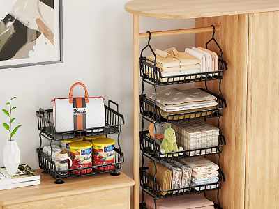 Closet Interior Organization With Multi Tiered Metal Racks Folded Clothes Handbag And Storage Jars 3d model