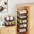 Closet Interior Organization With Multi Tiered Metal Racks Folded Clothes Handbag And Storage Jars