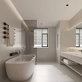 Modern Minimalist Bathroom Interior With Freestanding Tub Vanity And Blinds