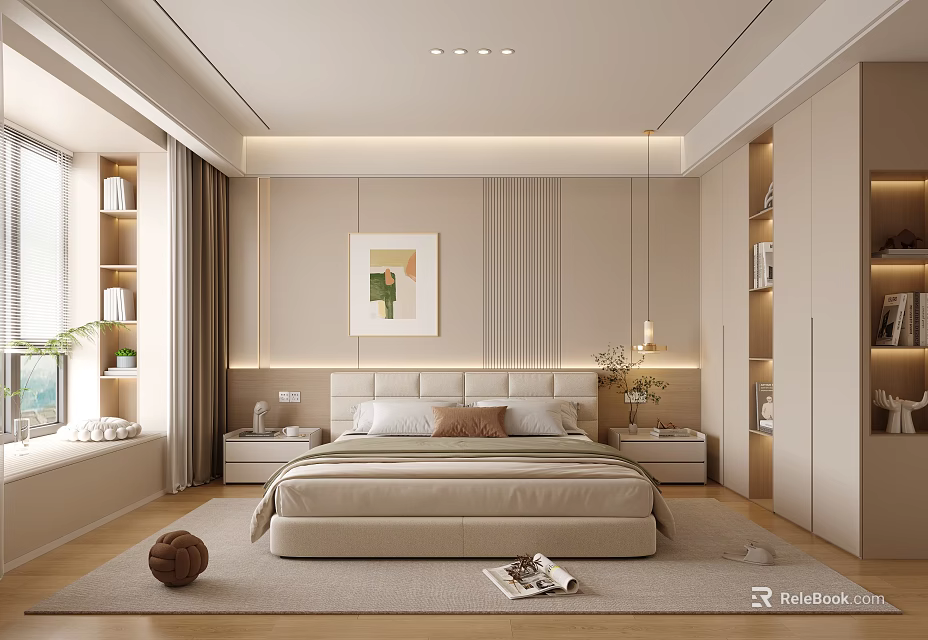 Modern Bedroom Interior With Beige Bed Bedside Tables Wall Painting And Built In Wardrobes 3d model 