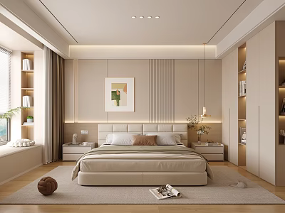 Modern Bedroom Interior With Beige Bed Bedside Tables Wall Painting And Built In Wardrobes 3d model